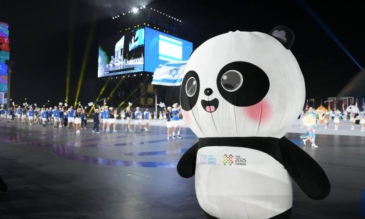 Shubao, one of the mascots, is seen during the opening ceremony of the World Games 2025 in Chengdu, southwest China's Sichuan Province, on Aug. 7, 2025. (Xinhua/Liu Kun)
